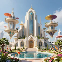 joyful opulent futuristic art deco city, sunny day, floating buildings, colorful parasols, koi trees, flowers park, with pond clear focus clean lines art deco architecture fantasy by zaha hadid, greg rutkowski, beautiful, intricate, elegant, highly detailed, artstation, octane render concept art photorealistic