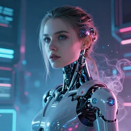 portrait of a cyberpunk beautiful young woman by Greg Rutkowski, biomechanical,highly detailed, Blade Runner background, futuristic,digital engine, luminous, vapor