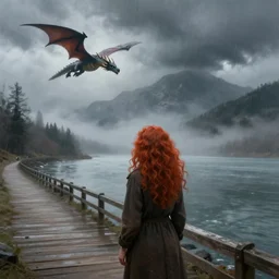 a realistic digital painting of a woman with curly long redhair standing in a boardwalk besides a river looking at a dragon flying out of the mountains in a fog during a thunderous weather. Trending on ArtStation. Epic Art. Emotional