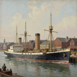 A painting of An American shipbuilding town in the 1920s. 4K HD Wallpaper. Premium Prints Available