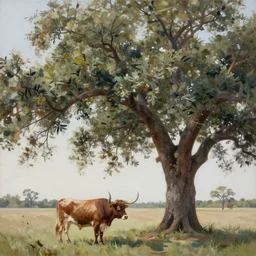 an impressionistic painting of a texas longhorn under huge oak tree with spreading branches covering canvas in a field of bluebonnets, in the style of albert bierstadt, digital art, super long shot, concept art