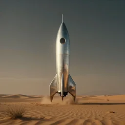 a silver vintage and minimalist rocket has landed in a desert, by jean delville and sophie anderson and mandy jurgens, moody atmosphere, cinematic atmospheric, cinematic lighting, golden ratio, perfect composition, elegant, no crop, extremely detailed, 4 k, hd, sharp focus, masterpiece, trending on artstation