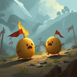 cute potatoes fighting on a battlefield, digital art, artstation, greg rutkowski