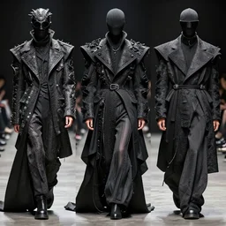 beautiful avant garde fashion look and clothes, we can see them from feet to head, highly detailed and intricate, hypermaximalist, luxury, elite, cinematic, designer fashion, Rick Owens, Yohji Yamamoto, Y3, ACRNYM, outfit photo