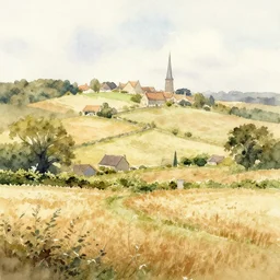 warm and beautiful watercolor painting of countryside france normandy