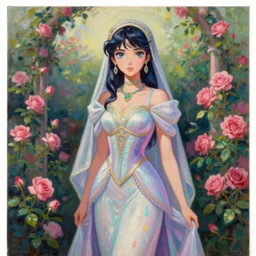 middle eastern scifi princess at the rose garden, wearing a lovely dress with vaporwave details. this oil painting by the award - winning mangaka has an interesting color scheme and impeccable lighting.