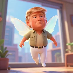little ginger donald trump, wearing white pants and khaki shirt, floating in air in a room, fairy wings at his back, closeup, modern city through window, concept art, artstation, disney, pixar, dreamworks, tyler edlin, feng zhu, jparked, thomas karpi