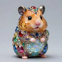 cute hamster statue, full body portrait, made of large rainbow gems, ornate gemstones, ruby sapphire emerald opal onyx, hamster is large gems, gem hamster, artgerm, realistic, roger deakins, greg rutkowski, jewelry hamster
