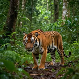a tiger walking through a forest, ultra wide angle, wet very green congo forest, beautiful, hd, intricate detail, majestic, volumetric lighting, ultra realistic, 4 k