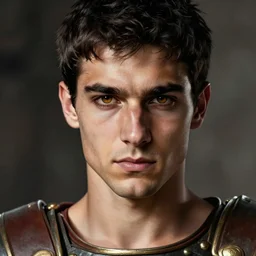 roman general, handsome young man with black hair, ancient soldier, close - up portrait of roman centurion without helmet, character portrait, masterfully shaded, deep focus, amber eyes, insane color, artstation, perfect dramatic lighting, 8 k, game cover art, sharp focus, anatomically correct, historical reconstruction, by artgerm and greg rutkowski