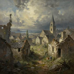 a stunning painting of a a ruined village at the end of the world, digital art, hyper-detailed