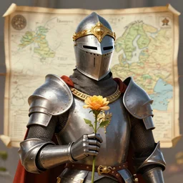 hyperdetailed matte illustration of a knight wearing an ornate gold headpiece and holding a flower with a map of the collective subconscious in the background by octane render