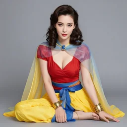 Full portrait of Elementalist, female, gorgeous, beautiful face, Red and blue garments, yellow robes, brass bracelets, transparent cloak from neck to ankles, pin-up, surrounded by fire, ice and thunder, highly detailed, smooth, sharp focus, digital painting, illustration, by by Albert Aublet, Krenz Cushart, WLOP and Sakimichan, artstation, octane render, blender