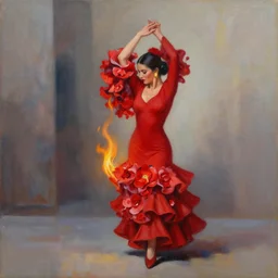 abstract oil painting of spanish flamenco dancer in mallorca wearing a red dress made of flowers that's on fire, dimly lit by candles on the ground, looking away, dark shadows, photo realistic, extreme detail skin, no filter, slr, 4 k, high definition