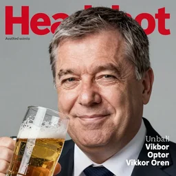 headshot magazine cover photo of communist viktor orban winking with beer, close - up on face, studio lighting