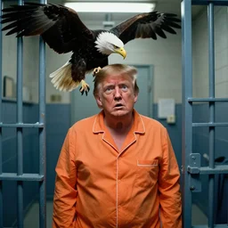 Medium shot photo of scared Donald Trump in prison jail wearing orange pajamas with an American bald eagle attacking his head, Annie Leibowitz, octane, dramatic lighting, editorial photo, 35mm, very detailed