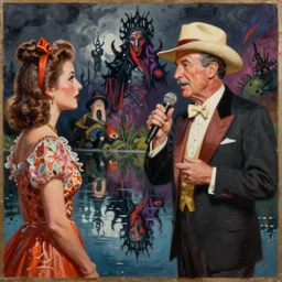 a photorealistic highly detailed painting of a vintage 1 9 5 0's game show host looking at his reflection in a lake by johfra bosschart, lisa frank, kinkade, visionary art, dark fantasy art, high detail, trending on artstation