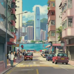 a beautiful painting of hong kong street scene, in the style of hayao miyazaki