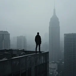 a black silhouette of a person standing on a grey skyscraper looking over at the gray dystopian city, fog, moody