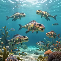 underwater view of cretaceous era predators and prey and flora, octane render, cinema 4 d, light rays, cinematic lighting, golden ratio, underwater photography, realistic, volumetric lighting, wildlife documentary, by greg rutkowski