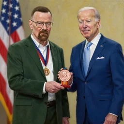 Walter White is awarded the Presidential Medal of Freedom from Joe Biden in Breaking Bad, photorealistic painting