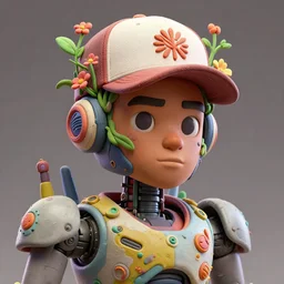 colourful caricature - 3 d vfx art - portrait of a mecha robot nigerian wearing a baseball cap with vines & flowers growing from inside, art style by james jean & hsiao - ron cheng, character concept art, unreal engine render, digital illustration, claymation, sharp, intricate detail, volumetric light, ray tracing, soft light, symmetric, pinterest, artstation, behance,