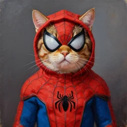 A cat dressed like Spider-Man, 4k, hi-res, oil painting