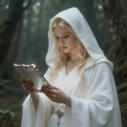 the goddess of memory inscribing prayers on a silver tablet in a forest, white hood, white robes, blonde, fantasy, magical, realistic and detailed, spiritual, supernatural, intricate, elegant, highly detailed, digital painting, trending on artstation, by wlop, 4 k octane render