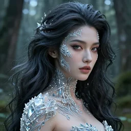 beauteous sumptuous face, cinematic forest lighting, with incredible voluminous flowing photorealistic hair, delicate crystalline tattoo masterpiece, hyperdetailed face, elegant pose, movie still, intricate, octane render, unreal engine,