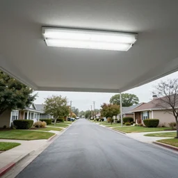 a suburban street with a ceiling, fluorescent lighting