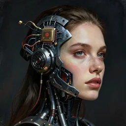 sexy beautiful woman head made of mech mask rendered in unreal engine, cinematic, cyberpunk, microchips, wires out of core processor, dark scifi, painted by zdzisław beksinski | bernard buffet | carne griffiths | wlop