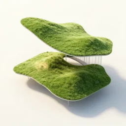 unfinished grassy sculptural pleated curved roof planes lift and descend creating shade and architectural expression, 3 d top view axonometric, dramatic surrealist form, morning light, lightweight structures, isometric