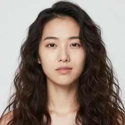 sour woman, long face, flat nose, convex mouth, buckteeth, single eyelid, long curly hair, asian woman
