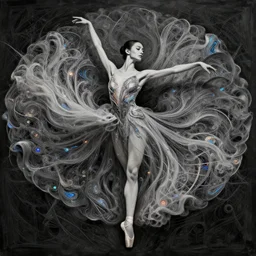portrait of a ballerina in a long flowing gown. beautiful symetrical face, intricate abstract. intricate artwork. by tooth wu, wlop, beeple, dan mumford. trending on artstation, greg rutkowski very coherent symmetrical artwork. cinematic, hyper realism, high detail, iridescent accents