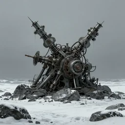mysterious mechanical structure on a rocky snowy beach, horror vibes, matte painting