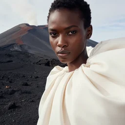 close up of face of a black fashion model with huge and large valentino dress at the edge of active etna vulcan, official valentino editorial, highly detailed