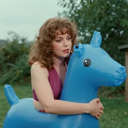 Still from a 1970 film about a woman embracing an inflatable animal, color film 1973 John Waters Fellini