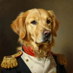 oil painting head and shoulders portrait of a golden retriever dressed like a general by Rembrandt