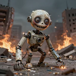 an animatronic made of rubbish with a creepy happy face, lost look, sparks, destroyed city on fire, broken wires, depth of field, robotic limbs on floor, by Greg Rutkowski