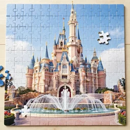 jigsaw puzzle that has the graphic of a majestic castle with fountains but a single puzzle piece is missing