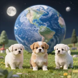 cute puppies 4k ultra realistic in park on the moon, earth in background