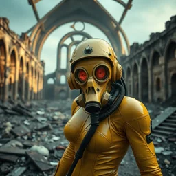 big budget scifi movie set in postapocalyptic world with alien brainsuckers female cyborg in yellow rubber and gas mask in ruins of church
