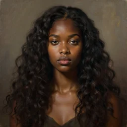 a portrait of a brown skinned queen with long dark curly hair, stoic, modern, hyperdetailed, dramatic, epic painting, painted by artgerm and greg rutkowski, cgsociety, beautiful, artstation, octane render, sharpness, 8 k, golden ratio