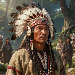 highly detailed portrait of a grizzled indigenous man, feathered headdress, traditional clothing, unreal engine, fantasy art by greg rutkowski, ferdinand knab, makoto shinkai and lois van baarle, ilya kuvshinov, rossdraws, tom bagshaw, global illumination, radiant light, detailed and intricate environment