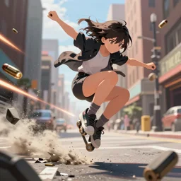 Digital anime art by WLOP and Mobius, An athletic young woman cartwheels down a downtown street, dodging bullets, bullet trails, breaking concrete, dusty, smoky, highly detailed, flashy lighting