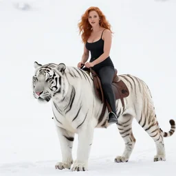 muscled Christina Hendricks' riding mounted on a fierce large white tiger, wintery scene, snow storm, Donato Giancola, Mark Brooks, Ralph Horsley, Charlie Bowater, Artgerm, Christopher Balaskas, Bastien Lecouffe-Deharme