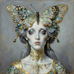 ceramic sharp focus extremely hyperrealistic horrifyingly beautiful 3 / 4 portrait oilpainting of bug lady of the skull butterfly portrait by michael hussar in style of michael hussar and rene lalique modern metropolitic artnouveau ceramic high - quality botanical abalon effect gild strips like ali franco's paintings 8 k