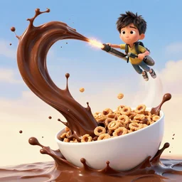 a movie poster of a small boy flying taking off 1 0 feet from the ground by using a jetpack that spits a liquid chocolate syrup blend with milk burst with twirls of flow and fluid, and a giant white cereal bowl in the ground getting splashed by the chocolate burst, pixar 3 d animation style
