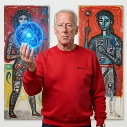 shaman chakra telekinesis red artificer Bruce Willis wearing crimson sweatshirt brandishes a blue atomic orb meditation octavio ocampo jen bartel james rosenquist jim lambie greg rutkowski rothko tombow