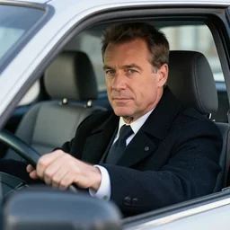 1 9 9 8 andy richter wearing a black wool coat and necktie in his car driving through the streets of chicago at night, pov back seat of car, cozy atmosphere - n 9